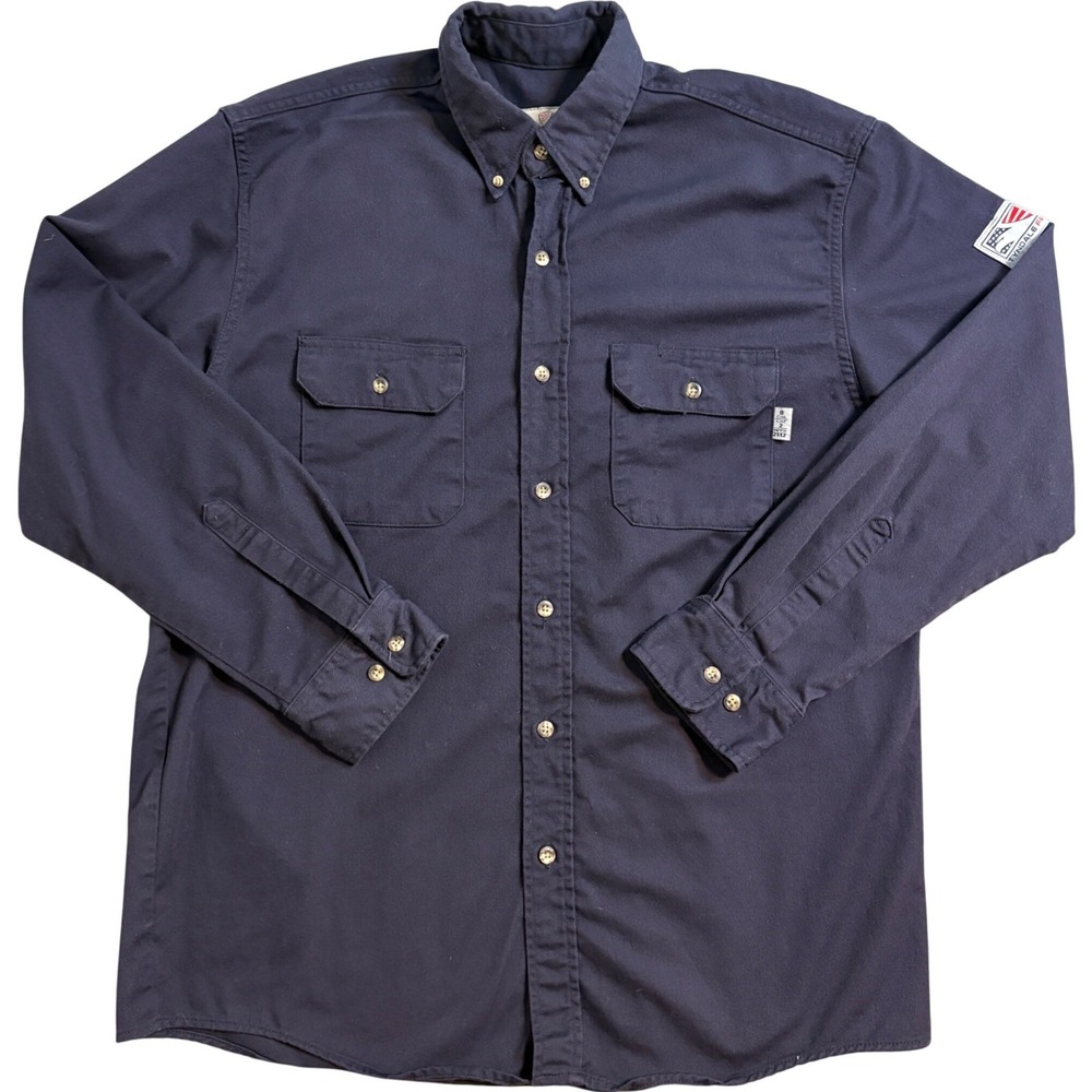 Tyndale FR Mens Navy Blue Flame Resistant Work Shirt CAT 2 NFPA 2112 Large USA